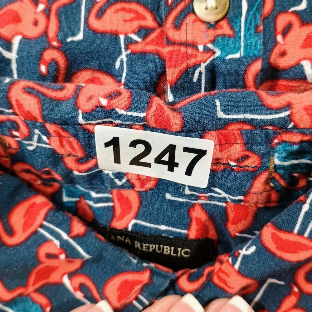 Banana Republic Mens Slim Fit Linen Flamingo Print Navy Blue Medium Short Sleeve